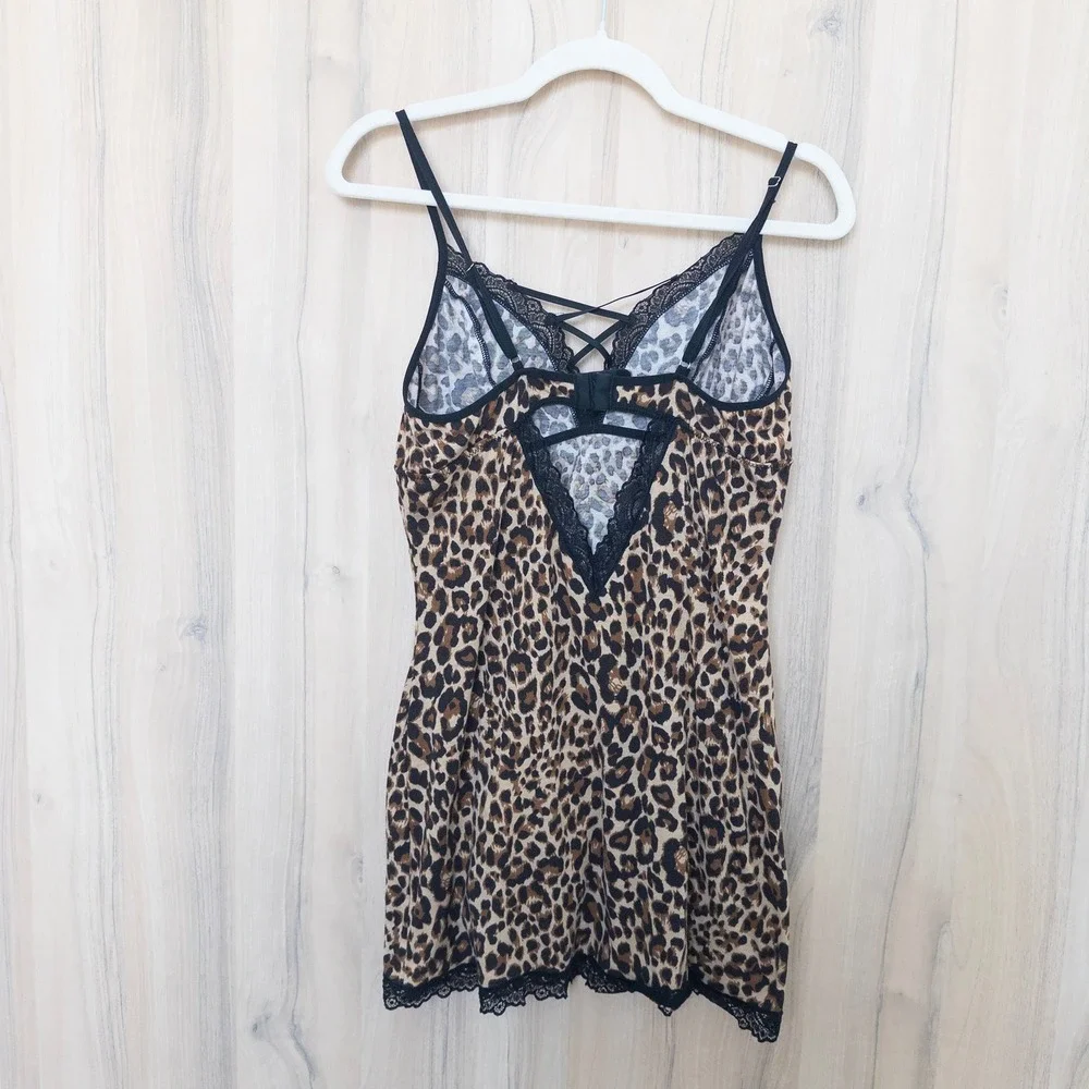Womens Leopard Lace Trim Cami Top XL Brown Strappy Stretch Y2K Mob Wife Coquette